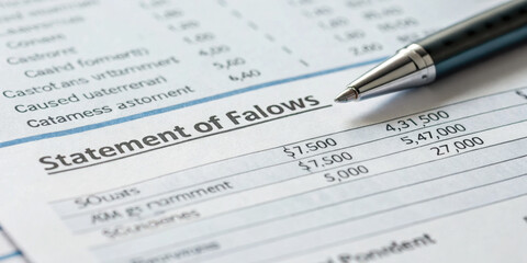 Business cash flow management analysis with pen on financial statement. focused report details income and expense for accounting and budgeting with important numbers