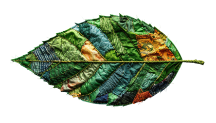 Textured artwork of a leaf created from various fabric patches, stitched together