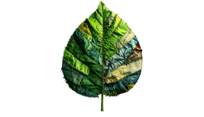 A vibrant leaf, constructed from textured fabric pieces of varying shades, isolated on black