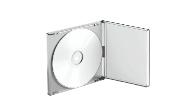 Open CD case with a blank disc inside, presented on a black background, studio shot