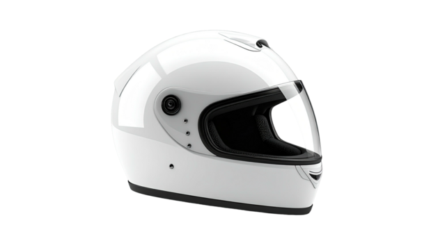 Pristine white motorcycle helmet, glossy finish with dark visor, isolated on black background