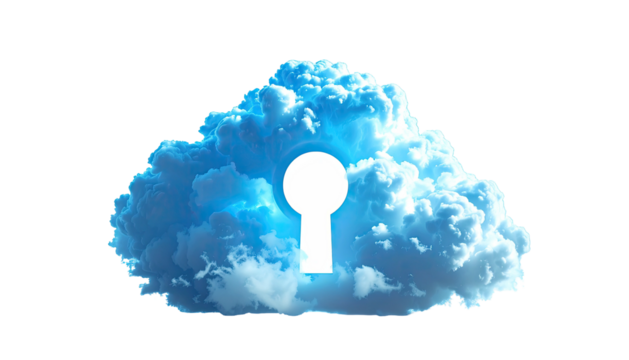 A fluffy, bright blue cloud, shaped with a keyhole cut out, on a black background - Powered by Adobe