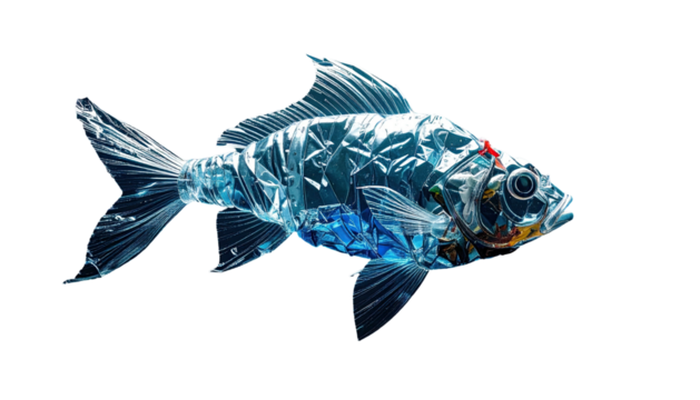 A translucent fish constructed from clear plastic, rendered on a stark, black background