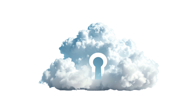 Fluffy white cloud with a keyhole shape cut out, representing data protection