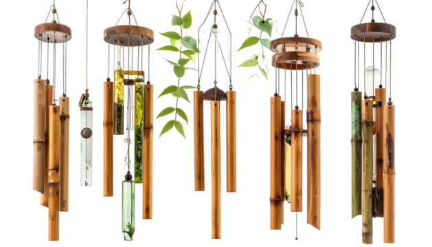 Various wind chimes in bamboo and wood, hanging with greenery
