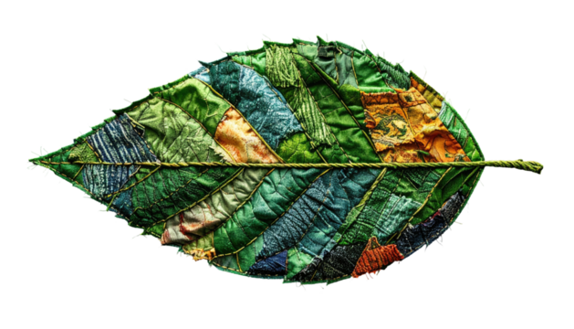 Textured artwork of a leaf created from various fabric patches, stitched together