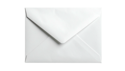 A close-up view of a sealed, pristine, white paper envelope against a black background