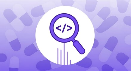 Purple Code Magnifying Glass on White Circle Background
