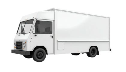 A white delivery truck, side view, against a black background. Its boxy design and dark wheels are prominent
