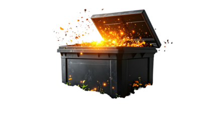 A treasure chest, open, emitting radiant orange light and particles, on a black background