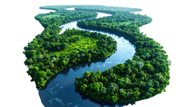 Aerial view of a winding river flowing through a lush, green forest landscape
