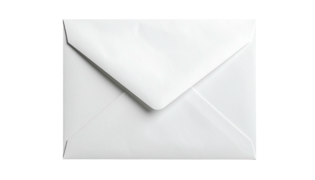 A close-up view of a sealed, pristine, white paper envelope against a black background