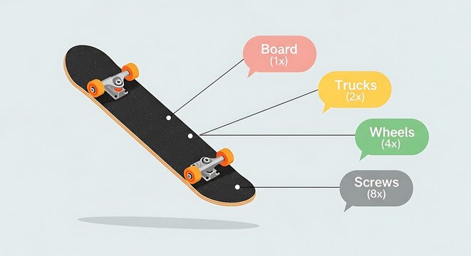 Software bill of materials skateboard components labeled with text bubbles - Powered by Adobe