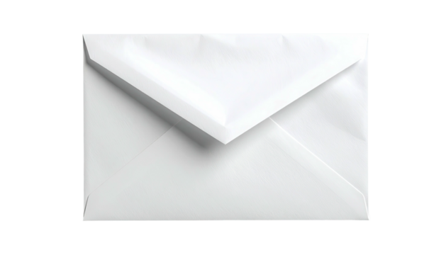 A pristine white envelope, angled, with shadows and sharp folds, isolated against a black background