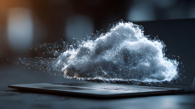 Digital representation of cloud computing with laptop and virtual interface