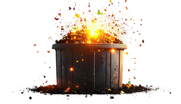 A dark gray container bursts with fiery debris against a stark black background - Powered by Adobe