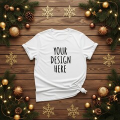 Minimalist white t-shirt mockup on rustic wooden background surrounded by elegant Christmas ornaments, pine branches, and festive golden lights, perfect for holiday themed designs