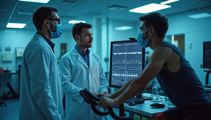 Obraz premium Scientists in lab coats wear masks, watching athlete exercise on machine. Computer screen displays heart rate data, analyzing fitness. Medical research team works in clinic.