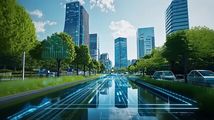 Futuristic Urban Integration: A Digital Stream Flowing Through Cityscape Scene - Powered by Adobe