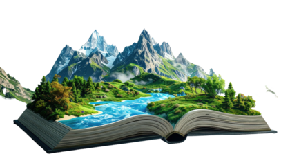 An open book reveals a vibrant landscape mountains, river, trees, and sky