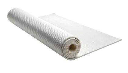 A rolled-up white yoga mat partially unrolled, with a textured surface on a black background