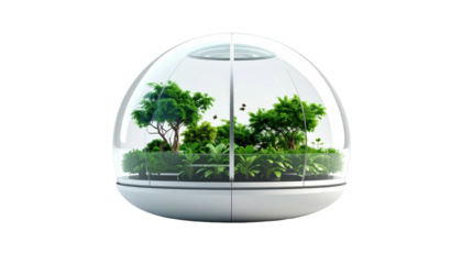 A modern, white spherical structure houses a vibrant ecosystem of trees, plants, and greenery