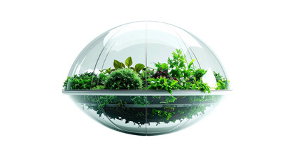 Futuristic, spherical greenhouse with thriving, varied greenery. Modern, isolated design