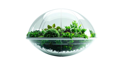 Futuristic, spherical greenhouse with thriving, varied greenery. Modern, isolated design