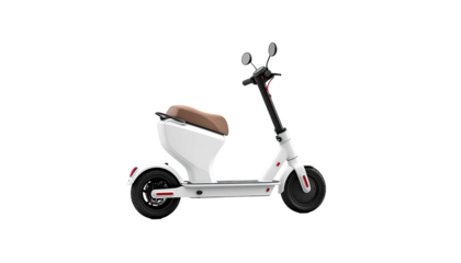 Modern white and brown seated electric scooter against a black background