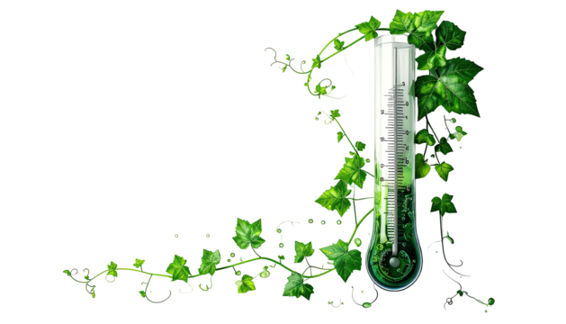 A thermometer entwined with lush green foliage, showcasing a fresh, organic concept