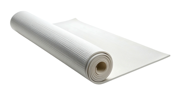 A rolled-up white yoga mat partially unrolled, with a textured surface on a black background