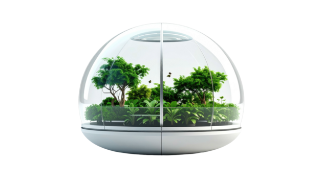 A modern, white spherical structure houses a vibrant ecosystem of trees, plants, and greenery