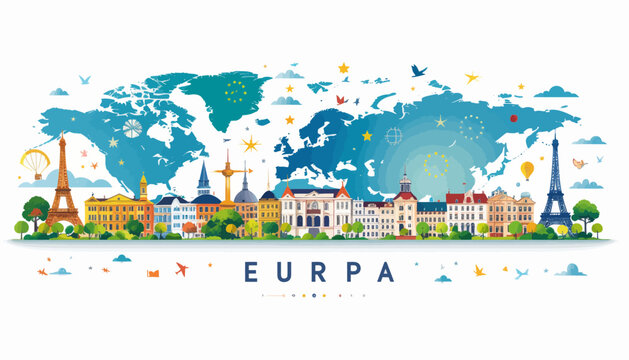 European landmarks and world map skyline