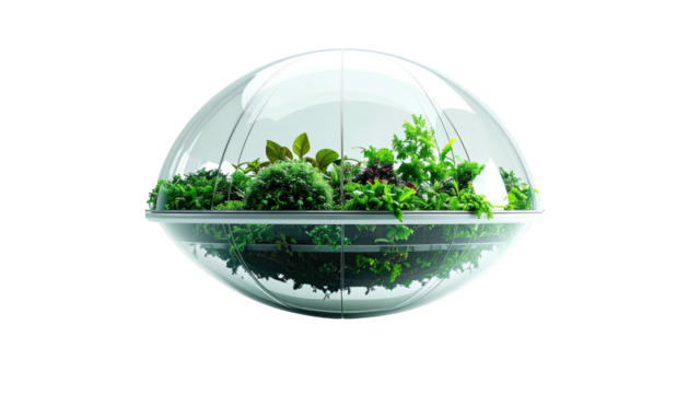 Futuristic, spherical greenhouse with thriving, varied greenery. Modern, isolated design
