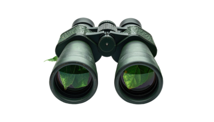 Close-up of green binoculars with reflective lenses, isolated against a solid black background