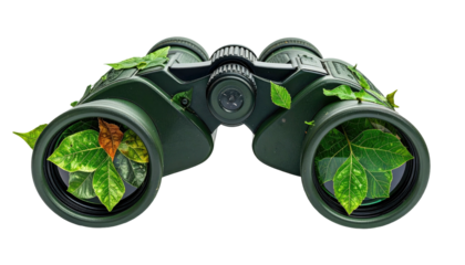A detailed green binocular with nature elements. Lenses reflect leaves and have foliage