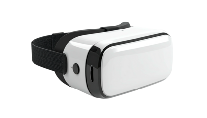 A modern VR headset, white and black design, placed on a black background, angled view