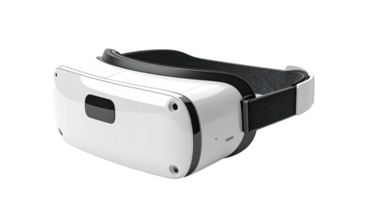 A white and black virtual reality headset, set against a black background