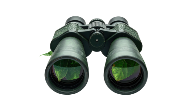 Close-up of green binoculars with reflective lenses, isolated against a solid black background