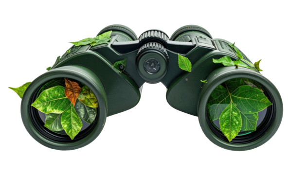 A detailed green binocular with nature elements. Lenses reflect leaves and have foliage - Powered by Adobe