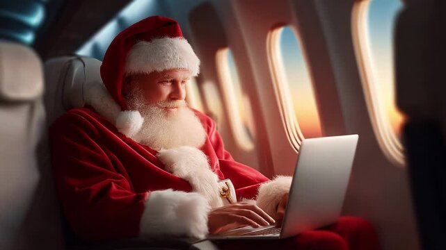 Santa Claus Traveling by Plane While Working on Laptop, Capturing the Festive Spirit of the Holidays and Modern Technology in a Cozy Aboard Atmosphere
