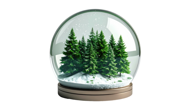 A snow globe with miniature evergreen trees on a snowy base