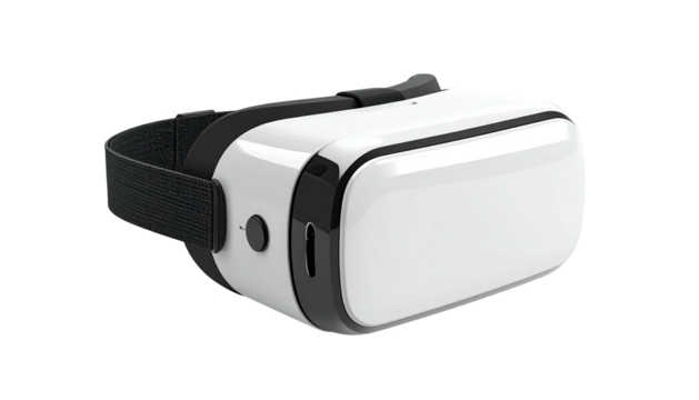A modern VR headset, white and black design, placed on a black background, angled view