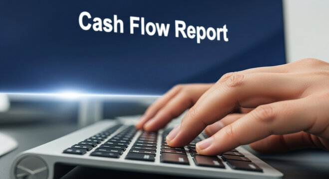 Close up of professional hand typing on laptop for business cash flow management showing detailed financial report and analysis with serious focused feeling