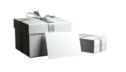 Obraz premium White gift boxes tied with satin ribbons, with a blank card, isolated on black
