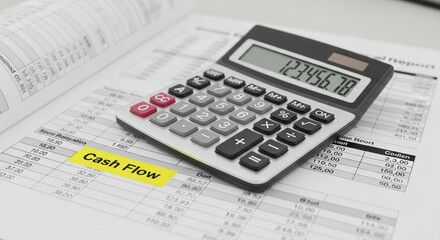 Calculator on financial document highlighting cash flow statement. Serious scene about business finance management for budget planning and company investment