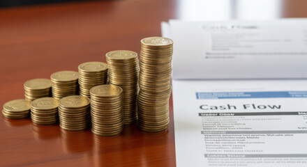 Successful business finance management with rising cash flow statement. Gold coin stacks represent profit growth and positive financial outcome for investment and wealth