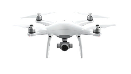 Fototapeta premium Modern aerial photography device, white plastic body, four propellers, camera gimbal, flying