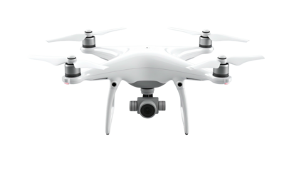 Modern aerial photography device, white plastic body, four propellers, camera gimbal, flying