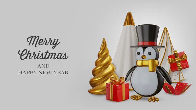 christmas card with 3d penguin, cristmas trees and gift boces on white background